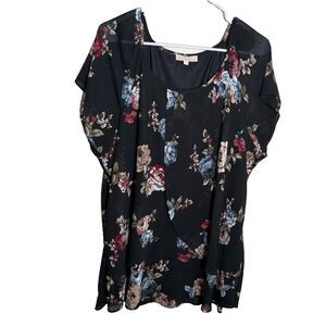 Blouseology Blouse Women's 3X Black Dark Floral Short Sleeve Round Neck Top